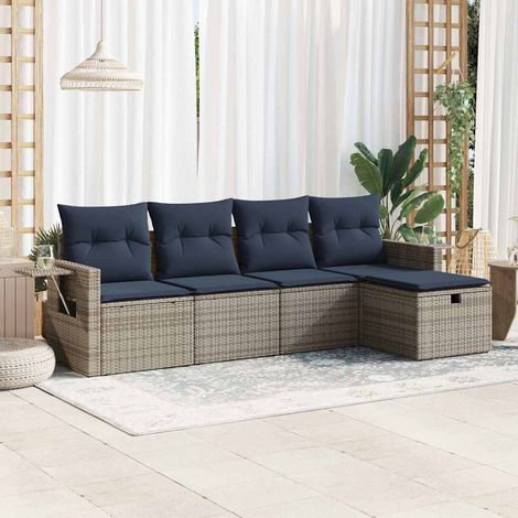 Ensemble de jardin 5 places en résine tressée grise avec coussins bleu marine et rangements - Canapés, fauteuils et pouf (1/5)