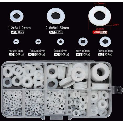 600pcs Plastic Washers, Nylon Spacer M2 M2.5 M3 M4 M5 M6 M8 M10 M12 Washer for Mechanics, Assortment Gasket Washer Nylon Sealing Insulation (1/4)
