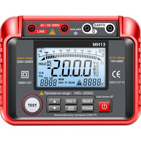 Insulation resistance tester 250 V-2500 V, megohmmeter 1 MΩ-200 GΩ, auto-ranging, 2000 counts, LCD screen, voltmeter 10 V to 600 V AC/DC, 100 data points stored (1/5)