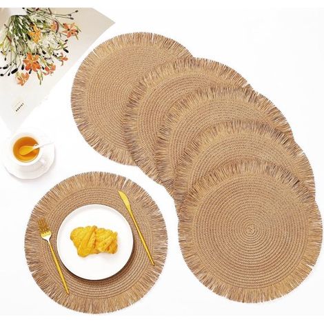 Ensemble de 6 sets de table ronds - marron clair - 38 cm - papier tissé - style bohème - convenant aux tables à manger - mariages - Thanksgiving et fêtes (1/5)