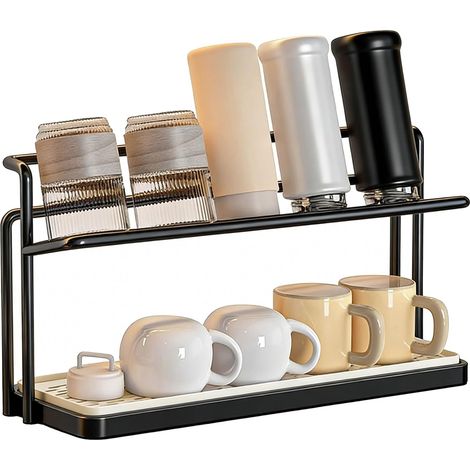 Zweistufiges Tassenabtropfgestell aus Metall mit Abtropffläche, schwarzem Trinkglas und Tassenablage, Maße 40 x 11,3 x 19,5 cm, multifunktionales Küchenabtropfgestell für Thermobecher und Geschirr (1/5)