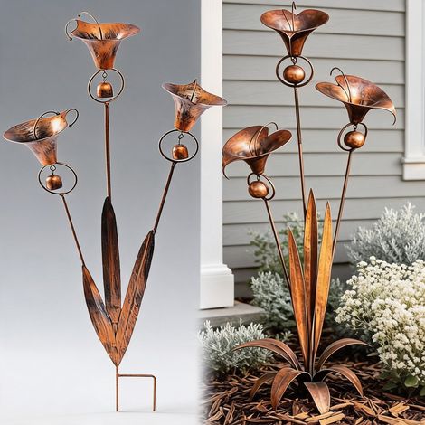 Piquet jardin fer forgé lys calla – Finition cuivre flammé – Sculpture rustique artisanale – Pour amoureux jardin (1/5)