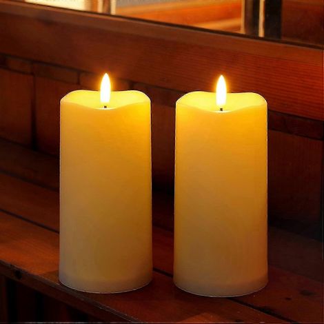Lot de 2 bougies solaires LED, lampes piliers étanches sans flamme de 15 cm avec capteur crépusculaire pour la décoration extérieure du jardin et de la terrasse (1/3)