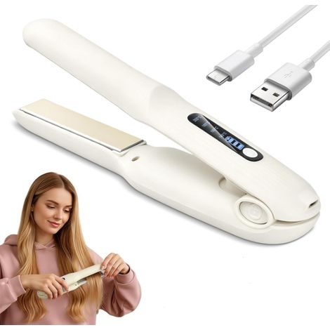 Fer à Lisser Sans Fil 2 en 1 Lisseur Boucleur Cheveux, 4 Températures Réglables 140–200°C, avec Écran LED, Mini Lisseur de Voyage USB Rechargeable 4000 mAh, pour Tous Types de Cheveux (Blanc) (1/5)