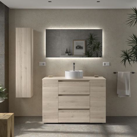 Meuble de salle de bain BEQUIA PLUS 3C 120cm Naturel Vasque à poser Porcelaine Côté réversible 1P (1/5)