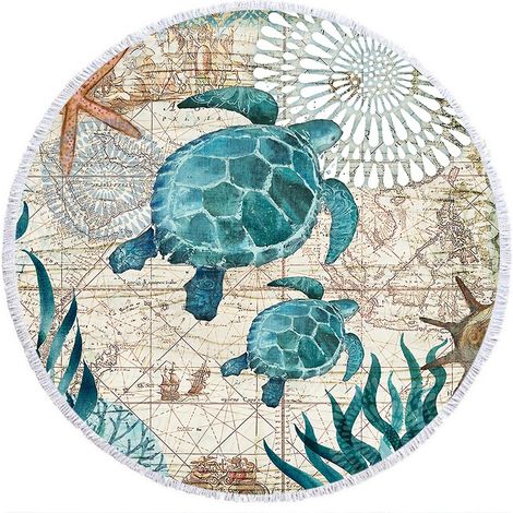 Couverture de plage d'extérieur, serviette, grand tapis rond imprimé vie marine avec pompons, 5 (1/5)