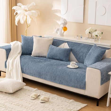 Stretchable and non-slip textured striped chenille sofa cover - Furniture protector for living room, pets, dogs, children (blue, 90 x 120 cm) (1/5)