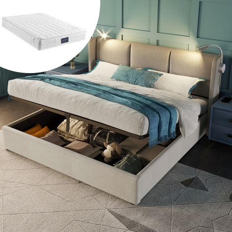 DESVIAE Lit double rembourré avec coffre de rangement sommier relevable lampe de lecture et charge USB tête de lit en tissu beige 140x200 avec sommier à lattes et matelas à ressorts ensachés (1/5)