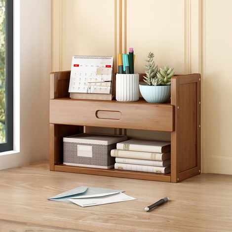 2-Tier Bamboo Desktop Bookshelf with Drawer (1/3)