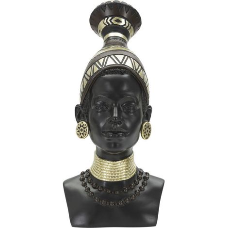 Scultura Donna Masai Tribu busto etnico in resina nera con copricapo