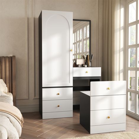 Armoire Coiffeuse - 90x50.5x160cm - Miroir Intégral Tabouret Escamotable Tiroirs Compartimentés Penderie Chambre - Blanc Noir (1/5)