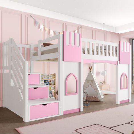 Hochbett Holz/MDF Weiß+Rosa 90x200 cm mit Stauraumtreppe, Fenstern und Lattenrost (1/5)