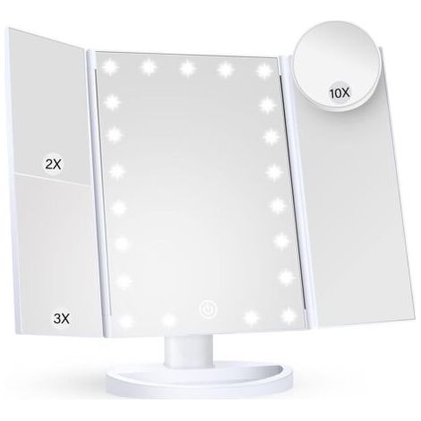 Miroir de maquillage avec éclairage, grossissement 2X, 3X, 10X, commande tactile, pliable, blanc, style moderne, montage sur commode, salle de bain (1/4)
