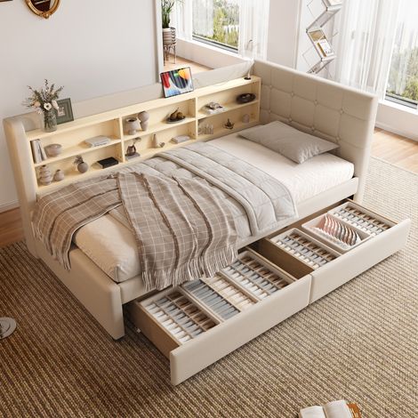 Cama daybed 90x200 cm de lino beige con 2 cajones, cabecero con botones, USB y Tipo C (1/5)