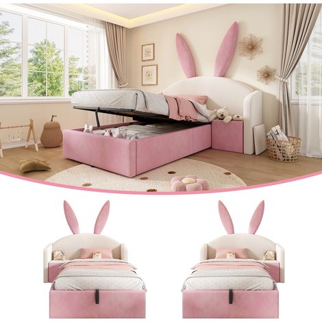 AS EASY Lit enfant 90x200 cm, lit capitonné avec rangement hydraulique, table de chevet et motif oreilles de lapin, velours, beige et rose (sans matelas) (1/5)