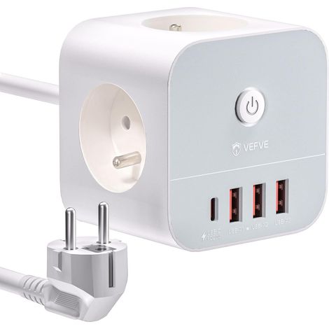 Multiprise Cube avec Rallonge 3m, Multiprise Electrique 7-en-1 avec USB C (Charge Rapide PD 20W), Cube Prise Multiple avec Interrupteur (3680W/16A), 3 Prises et 4 USB, Blanc (1/5)