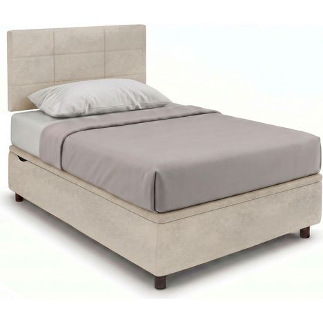 Letto Singolo Contenitore Imbottito 80x190 cm Microfibra Sabbia BoxMax Testata Square (1/5)