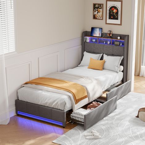 HYTKKBD–Einzelbett 90x200 cm,mit 2 USB-Anschlüssen und 1 Type-C,Einstellbarer LED-Beleuchtung,2 Schubladen,Kinderbett,Jugendbett,Polsterbett,Metallrahmen,Leinen, Grau