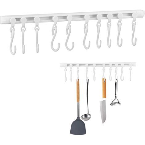40cm Ustensiles de Cuisine Crochet Cuisine, Support Ustensiles Cuisine Avec 10 Crochets, Sans Perçage Coulissant Ustensiles Cuisine Mural Porte Crochets de Cuisine Pour Barre Armoire Bains
