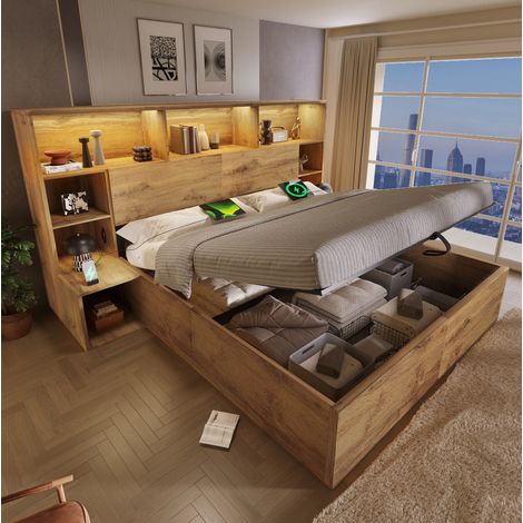 MODFU – Letto contenitore 180x200 cm effetto rovere con LED, porte USB-C, comodini integrati e sollevamento idraulico, carico 300 kg – Rovere (1/5)