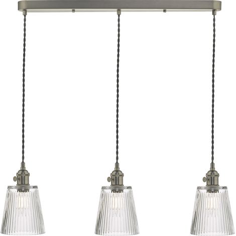 DAR HADANO - Suspension à barre droite en chrome antique avec abat-jour en verre nervuré, 3x E14 (1/4)