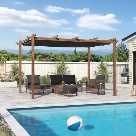Pergola Aluminium 4 x 3 m Finition Teck Toit Coulissant, Gris Charme du bois, Toit protecteur, Montage facile, Tissu 180 g/m², Matériaux durables Pergola jardin extérieur, Patio (1/5)