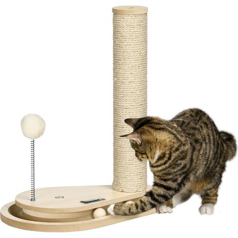 Kratzbaum für Kitten inkl. Spielzeug, Kugelbahn, Kugel mit Feder, 35 cm x 23 cm x 40 cm, Natur
