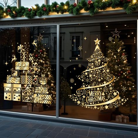 Due adesivi in vetro elettrostatici dorati a forma di albero di Natale - adesivi decorativi per vetrine di negozi e porte scorrevoli con