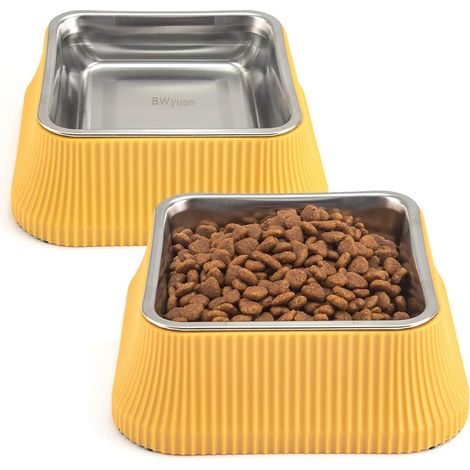 Gamelle pour Chien, Station d’Alimentation pour Chien, Gamelle en Acier Inoxydable avec Tapis Antidérapant et Base Élargie, Gamelle pour Chien et Chat et Gamelle d’Eau (550 ml x 2, Jaune) (1/5)
