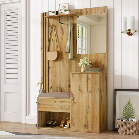 CHICFURN Guardaroba da ingresso 115 x 185 x 37 cm in MDF naturale e nero con specchio e seduta (1/5)