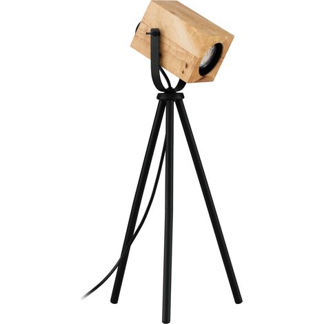 EGLO LED Tischlampe Ayles, Stativ Nachttischlampe, Dreibein Tischleuchte aus Holz in Natur und Metall in Schwarz, FSCM70HB, Deko Lampe inkl. GU10-Leuchtmittel, warmweiß
