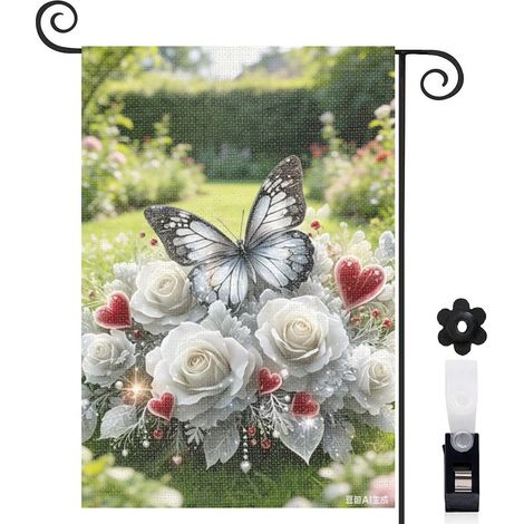 Drapeau de jardin 30 x 45 cm motif papillon et fleurs style romantique toile double face extérieur (1/5)