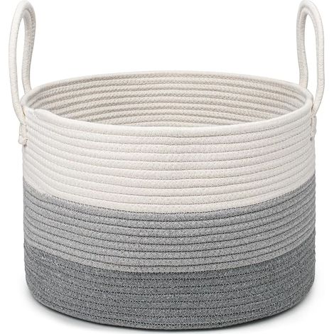 Corbeille à Linge en Coton Tissé D40 x H25 CM Panier de Rangement en Corde de Coton 32L Pliage Corbeilles à Linge Avec Anse Convient à la Décoration Intérieure (3 Blocs de Couleurs Gris) (1/5)