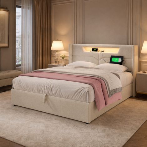 Lit coffre double 160x200 cm en tissu beige avec LED, USB et Type-C OKWISH (1/5)