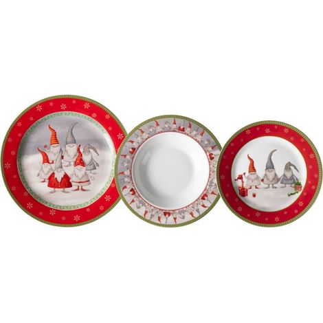 Trade Shop - Platos De Mesa De Porcelana Set De 18 Piezas De Diseño Con Vacaciones De Navidad Gnomes -