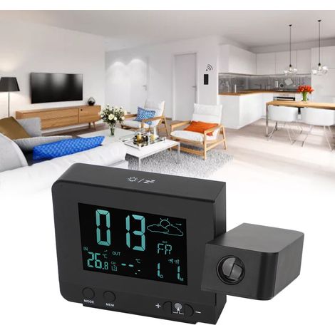 Reloj despertador con proyección de 8 LED, indicador de temperatura y clima, función de repetición de alarma, alimentación USB (100–240 V UE) con adaptador y sensor de movimiento para uso en exteriore (1/5)