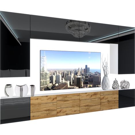 BELINI Wohnwand Vollausstattung Wohnzimmer-Set Moderne Schrankwand mit LED-Beleuchtung Anbauwand TV-Schrank Schwarz Top/Wotan Eiche
