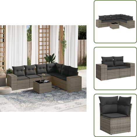 The Living Store 7-tlg. Garten-Sofagarnitur mit Kissen Grau Poly Rattan - Gartenmöbel Set - PE-Rattan Möbel - Outdoor Lounge - Esstisch - Sofas (1/5)