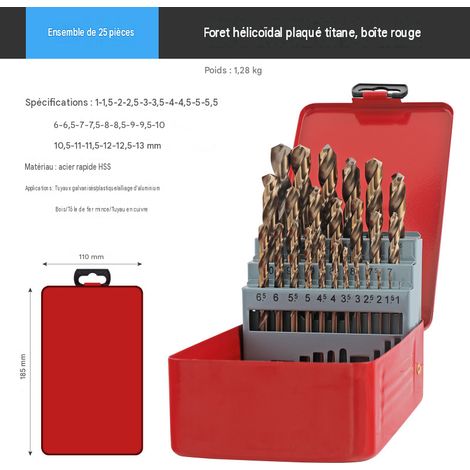 Coffret de 25 forets hélicoïdaux plaqués titane, dans une boîte rouge