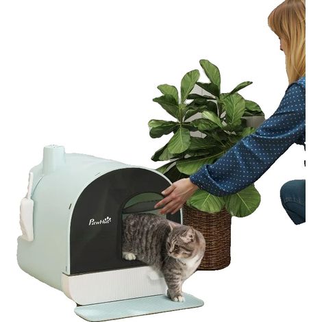 Bac à litière pour chat, porte battante, pelle et filtre inclus, vert clair (1/2)