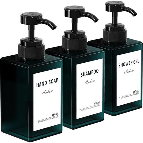 3 Distributeur Savon 450ml, PETG Rechargeable, Étiquettes Incluses, Pour Salle de Bain et Cuisine (1/5)