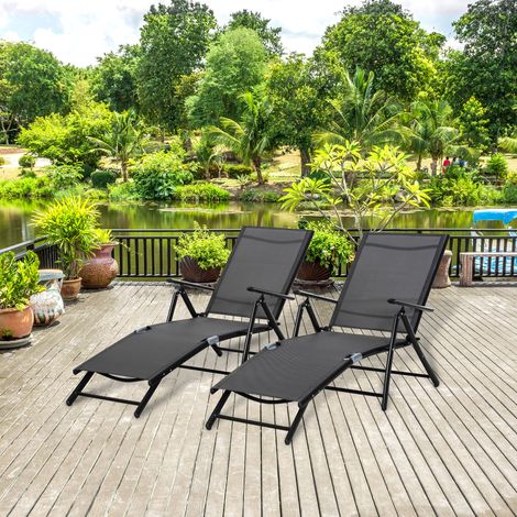 Set 2 Sdraio da Giardino Pieghevoli con Schienale Regolabile, 64x134x95cm, Nero
