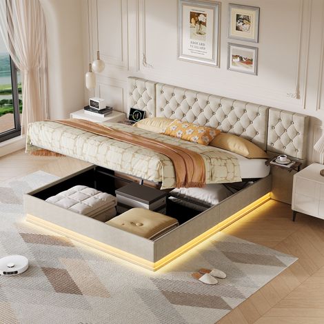 Lit coffre adulte 140×190 cm Capitonné en lin, Lit double avec 2 tables de chevet intégrées, recharge sans fil USB et LED, Beige (1/5)