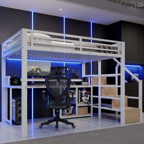 Hochbett 140x200 cm mit Schreibtisch, Stauraumtreppe, LED, USB/USB-C, weiß OKMYHOME (1/5)