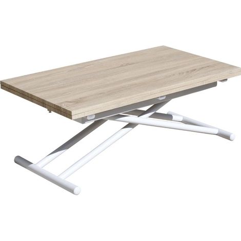 Home Heavenly® - Mesa centro elevable extensible FRENZY, convertible en mesa comedor. 100x50x49 cm hasta 100x100x76 cm. Color: Roble Nordish - Blanco (1/5)
