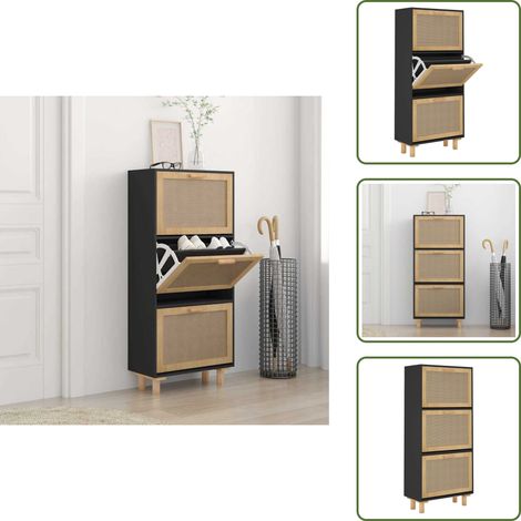 Schuhschrank Schwarz 52x25x115 cm Holzwerkstoff & Rattan Natur - Schuhschrank - Schrank - Garderobe - Einbauschrank - Holzwerkstoff (1/5)