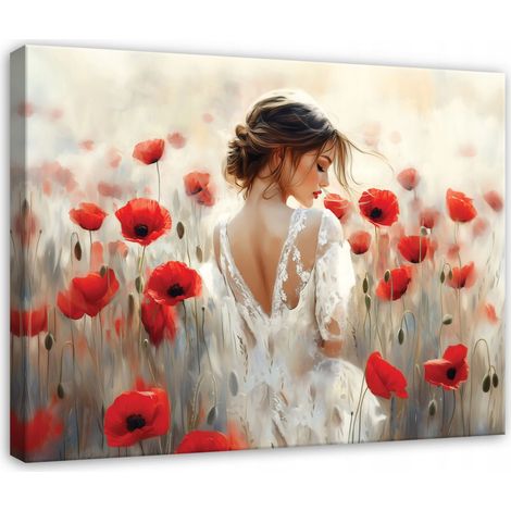 Leinwandbild Frau und Mohnblumen, floraler abstrakter Kunstdruck für Schlafzimmer und Wohnzimmer, hochauflösender Druck, 40 x 30 cm