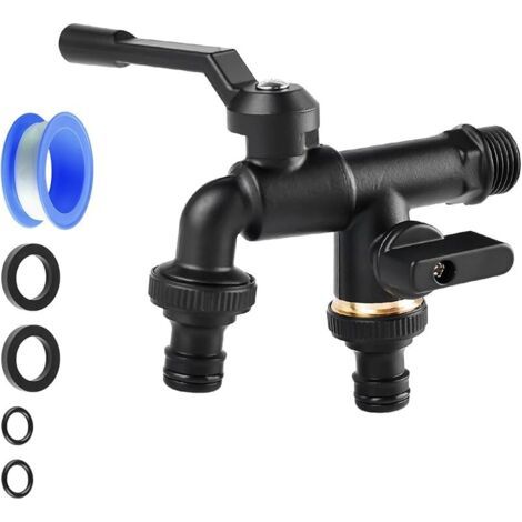 Pair Robinet Double Sortie en Laiton, Robinet de Jardin 1/2\", Robinet Antigel, Robinet Double Machine a Laver avec 2 Sorties 3/4\", 1 Rouleau de Ruban D'étanchéité, Double Robinet pour Jardin Extérie (1/5)