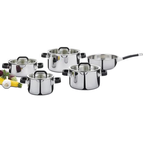 Lot de 5 casseroles multicouches 5 couches, poignées avec revêtement en silicone, graduation intérieure, compatible avec plaques à induction, avec couvercles en verre (1/4)