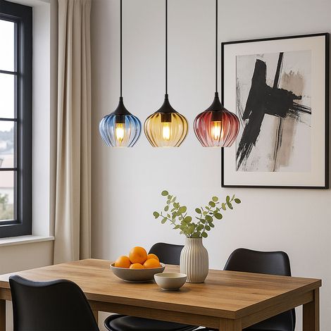 LED Hängelampe 3 flammig Esszimmerleuchte Pendellampe Retro Glas Wohnzimmerlampe, Rot Amber Blau, 3x 7W 3x 806lm warmweiß, LxH 80 x 150 cm